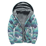 Sea Wave Surfing Pattern Print Sherpa Lined Zip Up Hoodie
