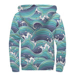 Sea Wave Surfing Pattern Print Sherpa Lined Zip Up Hoodie