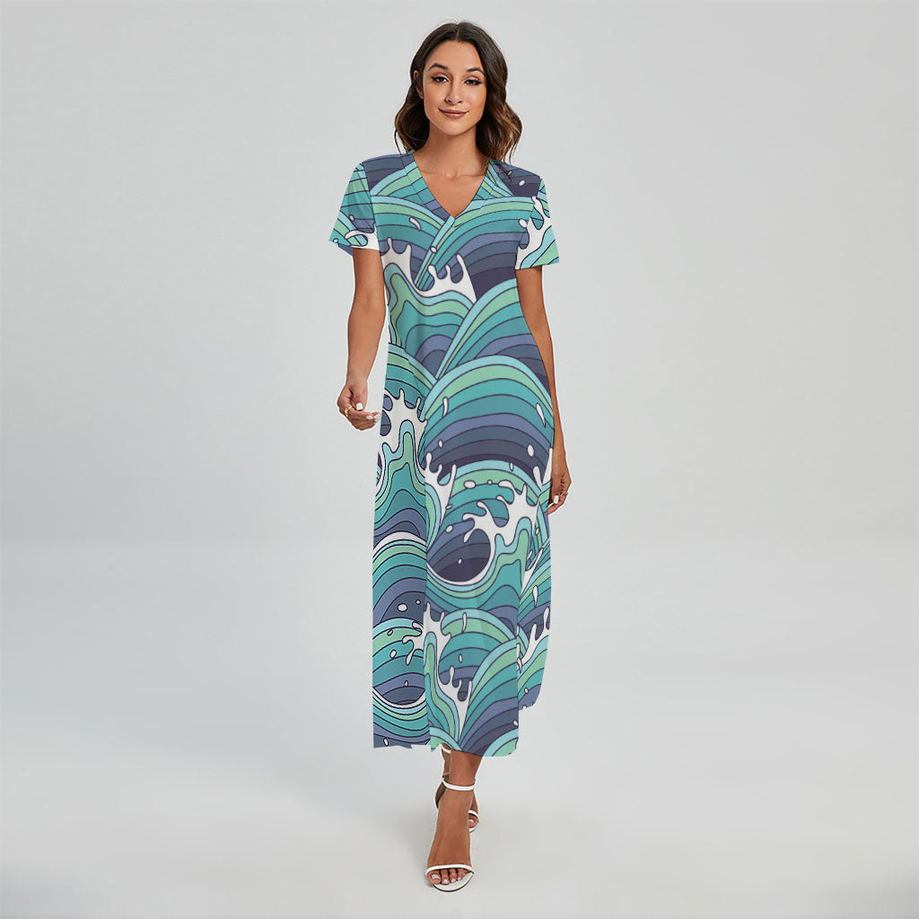 Sea Wave Surfing Pattern Print Short Sleeve Maxi Dress