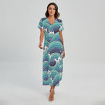 Sea Wave Surfing Pattern Print Short Sleeve Maxi Dress