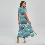 Sea Wave Surfing Pattern Print Short Sleeve Maxi Dress