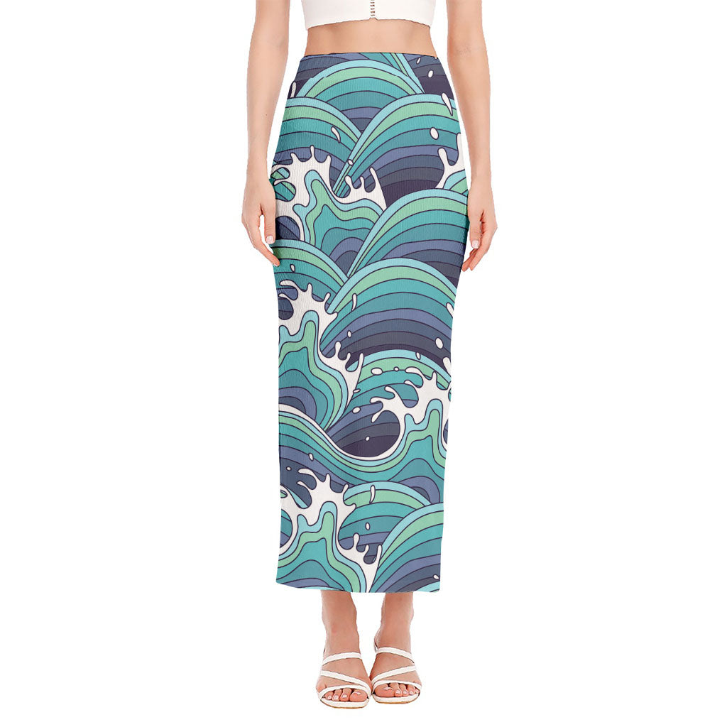 Sea Wave Surfing Pattern Print Side Slit Maxi Skirt