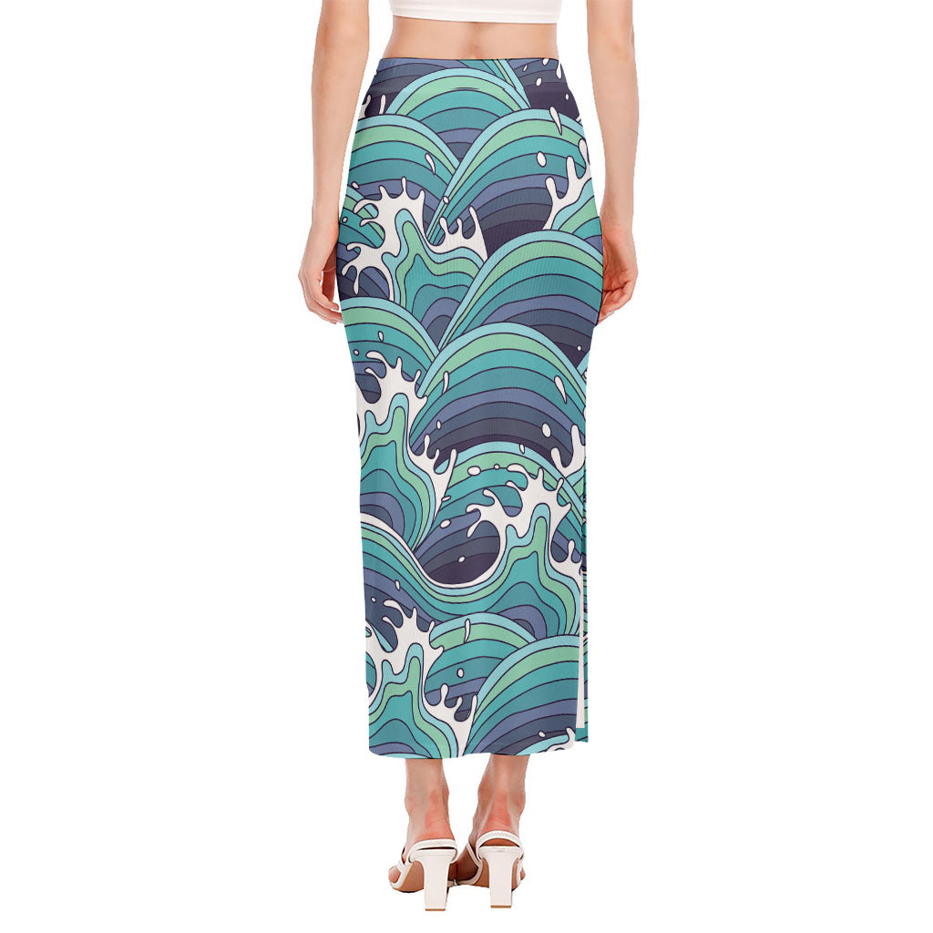 Sea Wave Surfing Pattern Print Side Slit Maxi Skirt