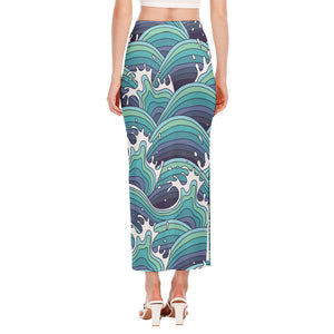 Sea Wave Surfing Pattern Print Side Slit Maxi Skirt