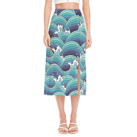 Sea Wave Surfing Pattern Print Side Slit Midi Skirt