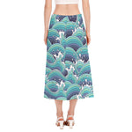 Sea Wave Surfing Pattern Print Side Slit Midi Skirt