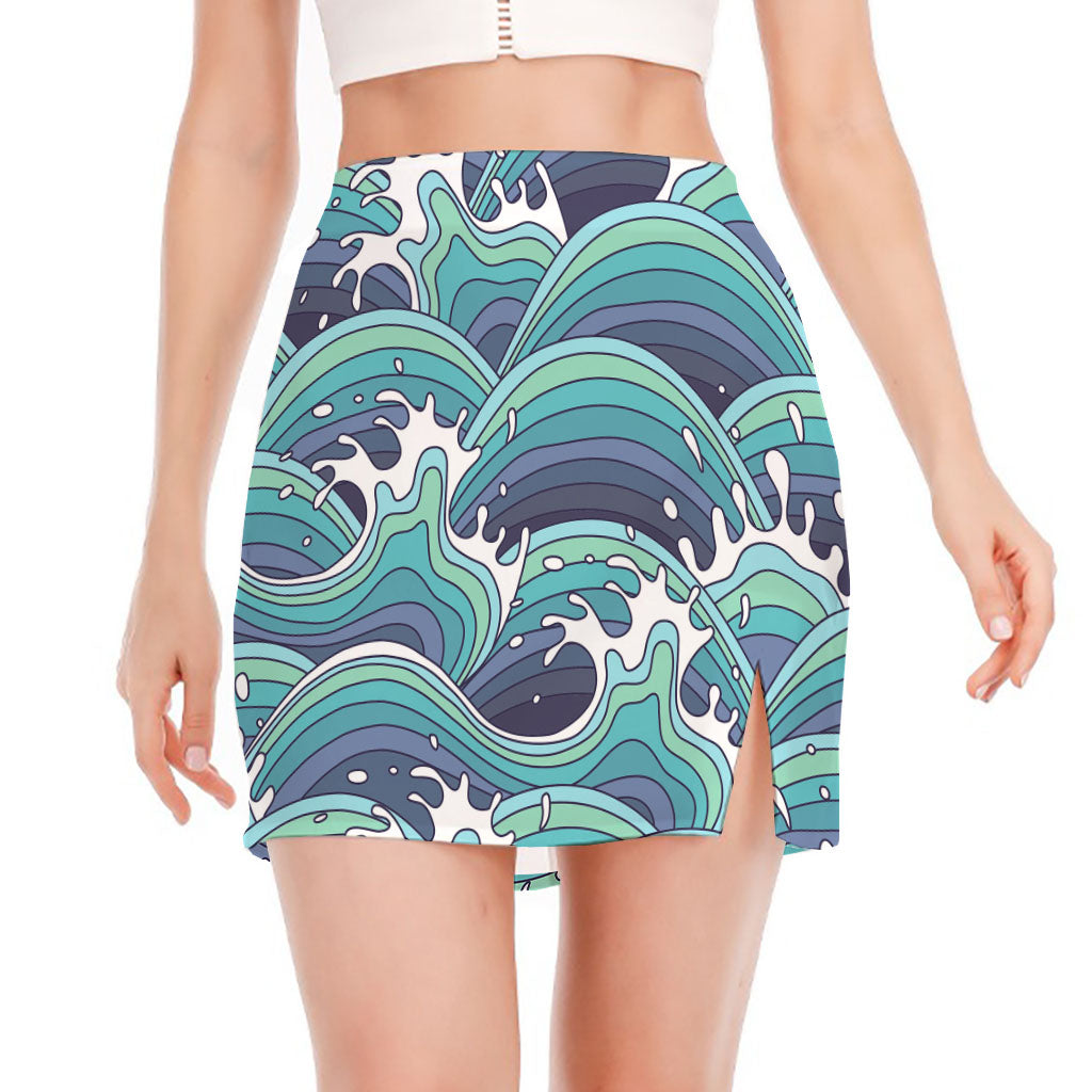 Sea Wave Surfing Pattern Print Side Slit Mini Skirt