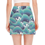 Sea Wave Surfing Pattern Print Side Slit Mini Skirt