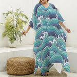 Sea Wave Surfing Pattern Print Silk V-Neck Kaftan Dress