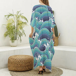 Sea Wave Surfing Pattern Print Silk V-Neck Kaftan Dress