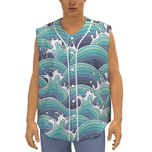Sea Wave Surfing Pattern Print Sleeveless Baseball Jersey