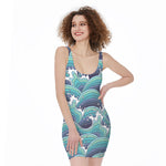 Sea Wave Surfing Pattern Print Sleeveless Bodycon Dress