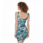 Sea Wave Surfing Pattern Print Sleeveless Bodycon Dress