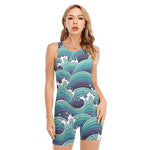 Sea Wave Surfing Pattern Print Sleeveless One Piece Swimsuit