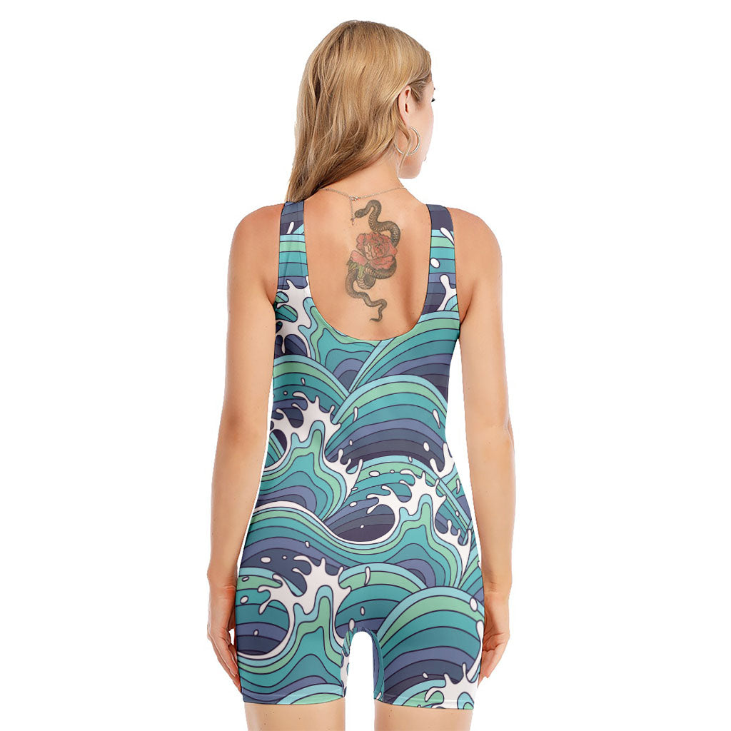 Sea Wave Surfing Pattern Print Sleeveless One Piece Swimsuit