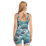 Sea Wave Surfing Pattern Print Sleeveless One Piece Swimsuit