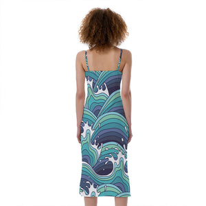 Sea Wave Surfing Pattern Print Slim Fit Midi Cami Dress