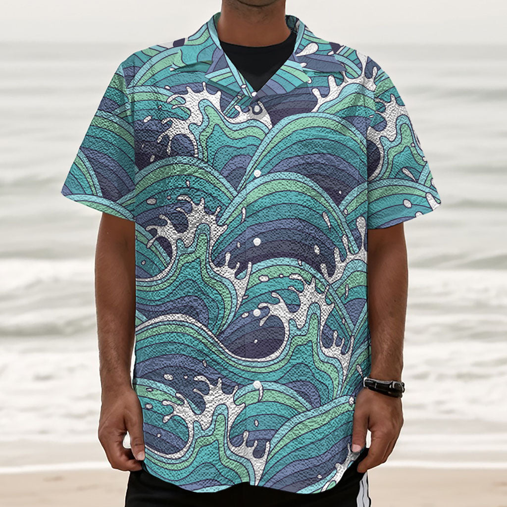 Sea Wave Surfing Pattern Print Textured Short Sleeve Shirt