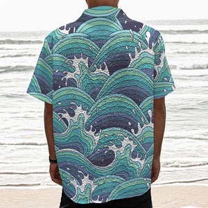 Sea Wave Surfing Pattern Print Textured Short Sleeve Shirt