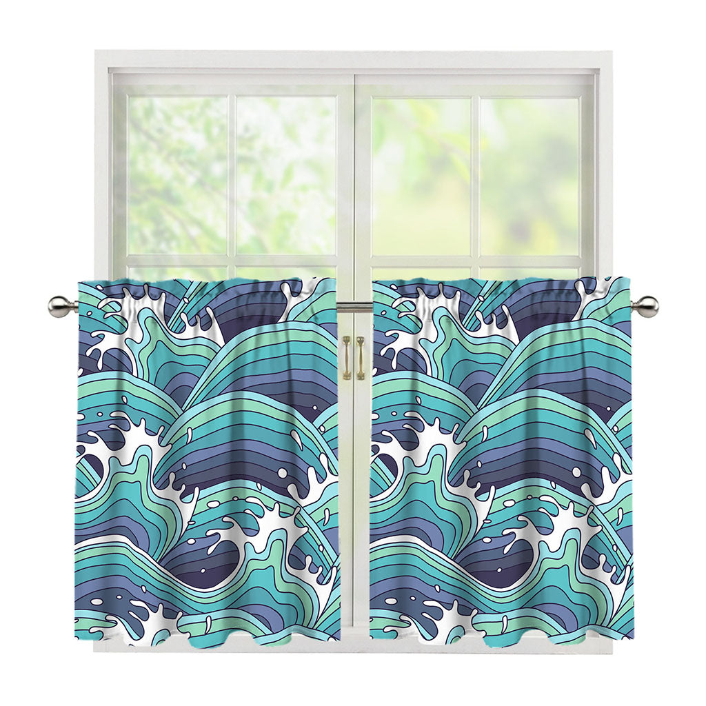 Sea Wave Surfing Pattern Print Tier Curtains