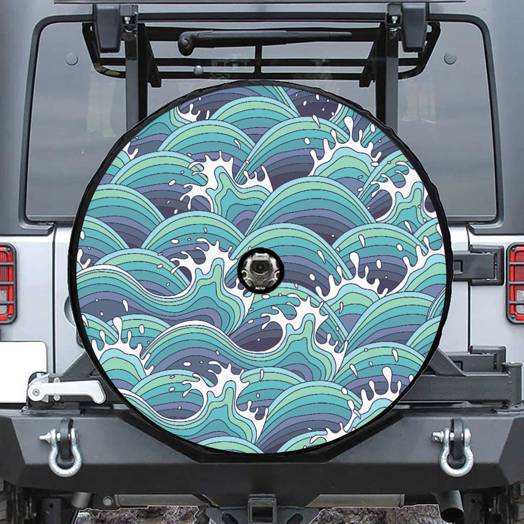 Sea Wave Surfing Pattern Print Tire Cover With Camera Hole