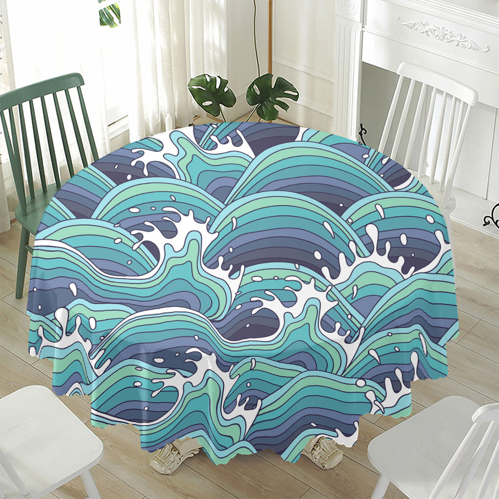 Sea Wave Surfing Pattern Print Waterproof Round Tablecloth