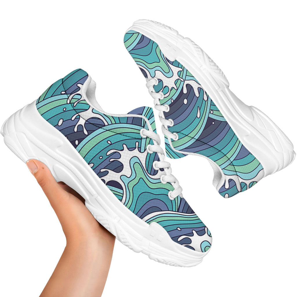 Sea Wave Surfing Pattern Print White Chunky Shoes