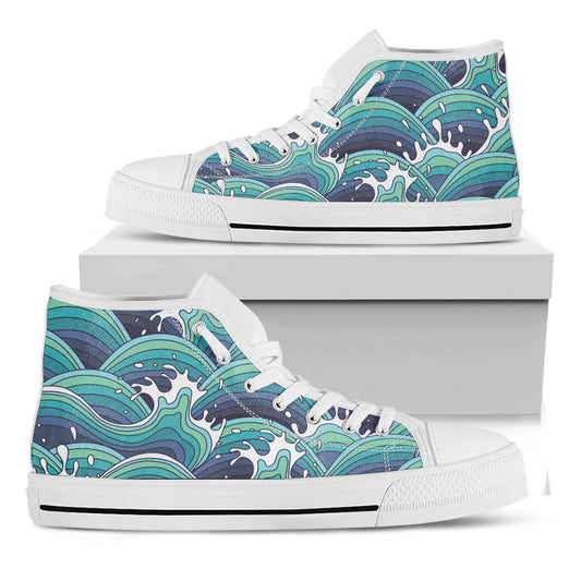 Sea Wave Surfing Pattern Print White High Top Sneakers