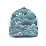 Sea Wave Surfing Pattern Print White Mesh Trucker Cap