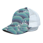 Sea Wave Surfing Pattern Print White Mesh Trucker Cap