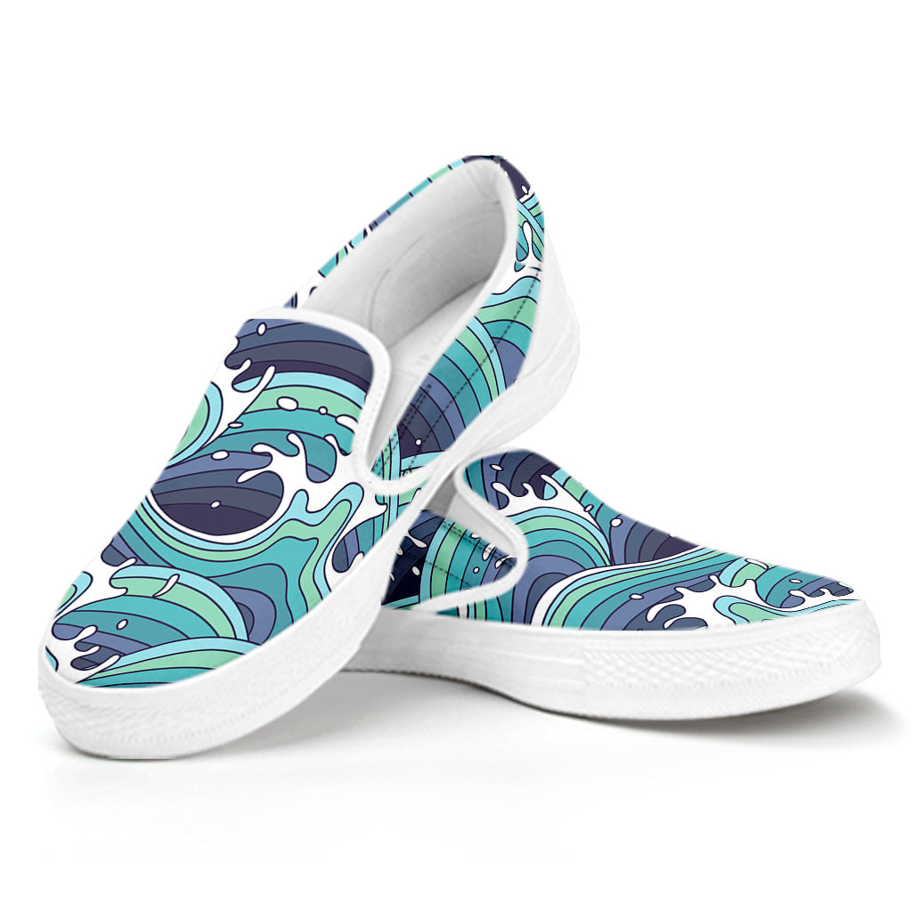 Sea Wave Surfing Pattern Print White Slip On Sneakers