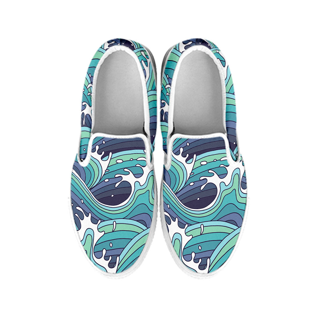 Sea Wave Surfing Pattern Print White Slip On Sneakers