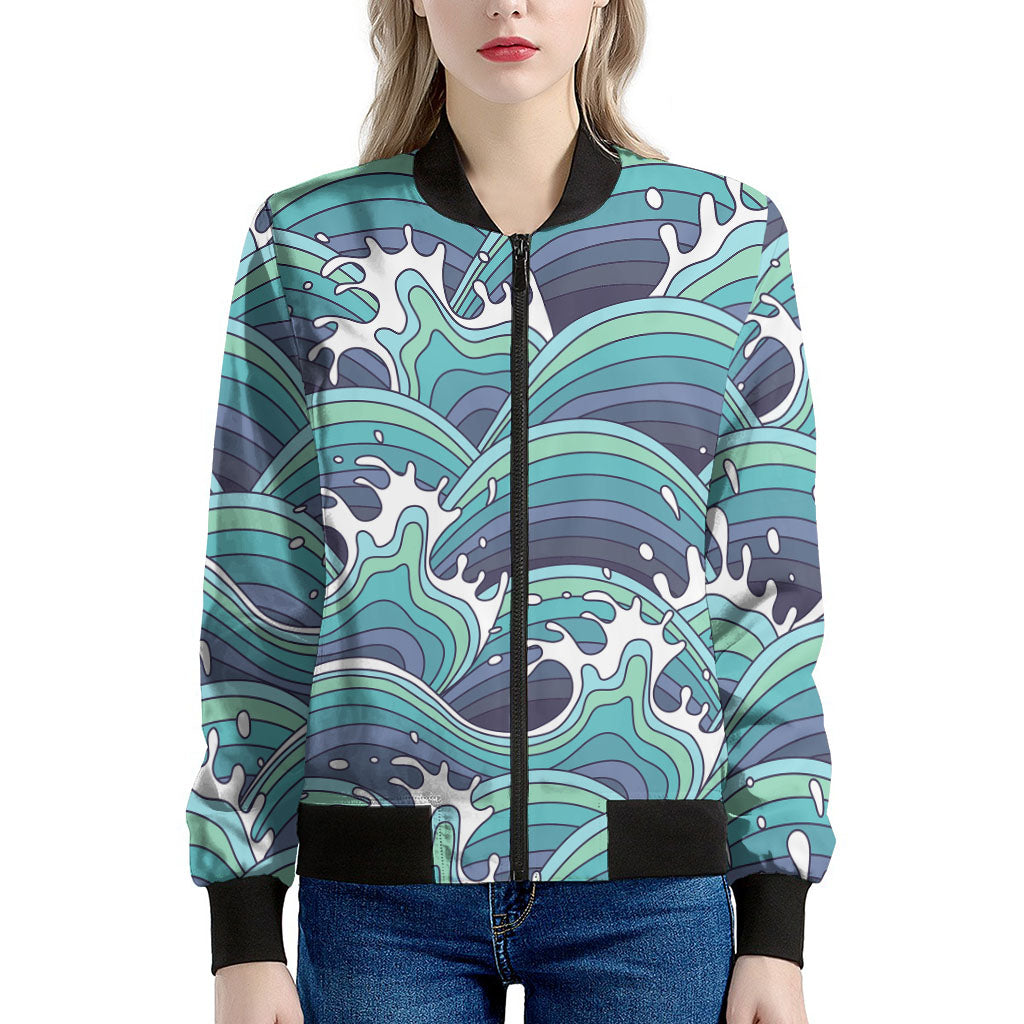 Sea Wave Surfing Pattern Print Women's Bomber Jacket