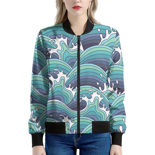 Sea Wave Surfing Pattern Print Women's Bomber Jacket
