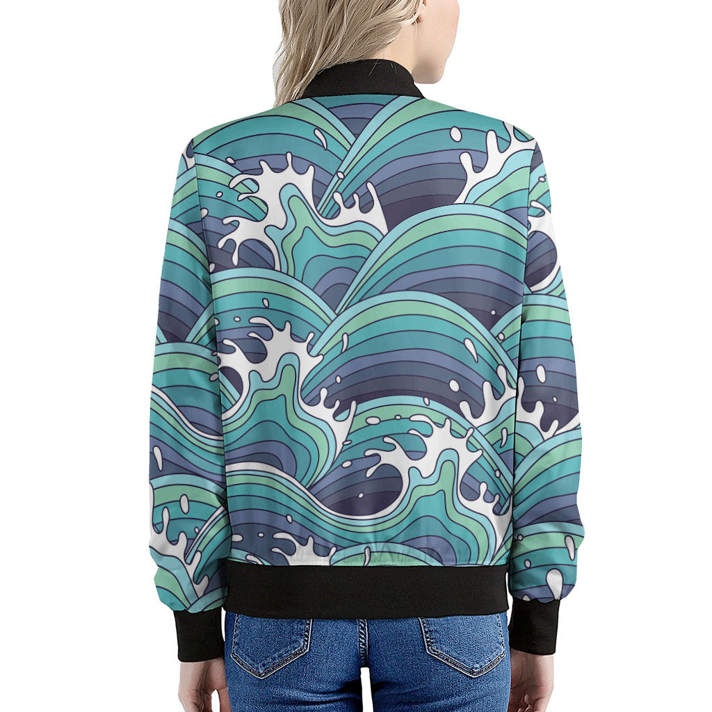 Sea Wave Surfing Pattern Print Women's Bomber Jacket