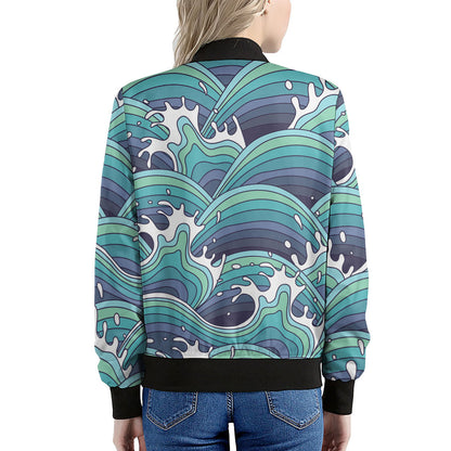 Sea Wave Surfing Pattern Print Women's Bomber Jacket