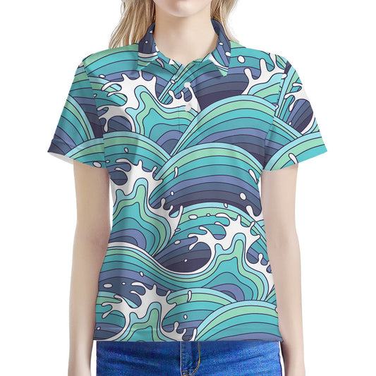 Sea Wave Surfing Pattern Print Women's Polo Shirt