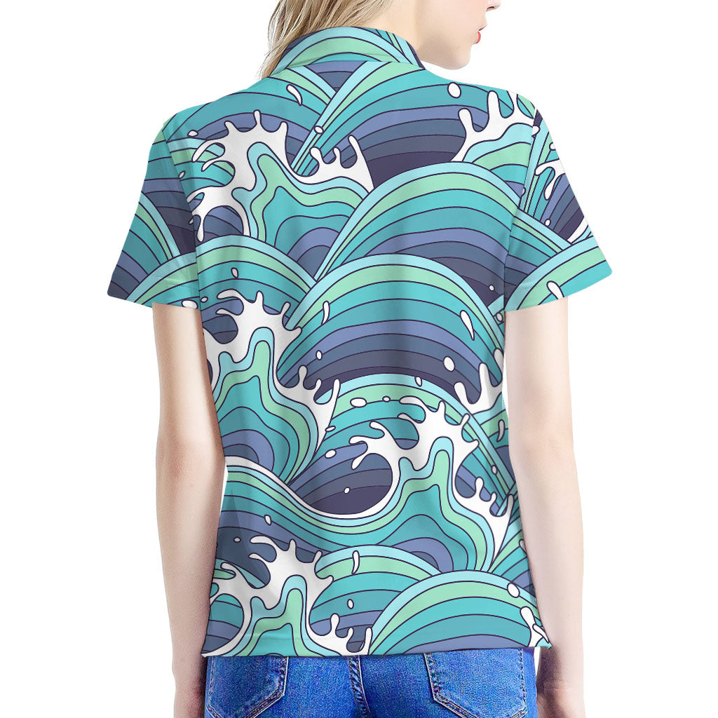Sea Wave Surfing Pattern Print Women's Polo Shirt