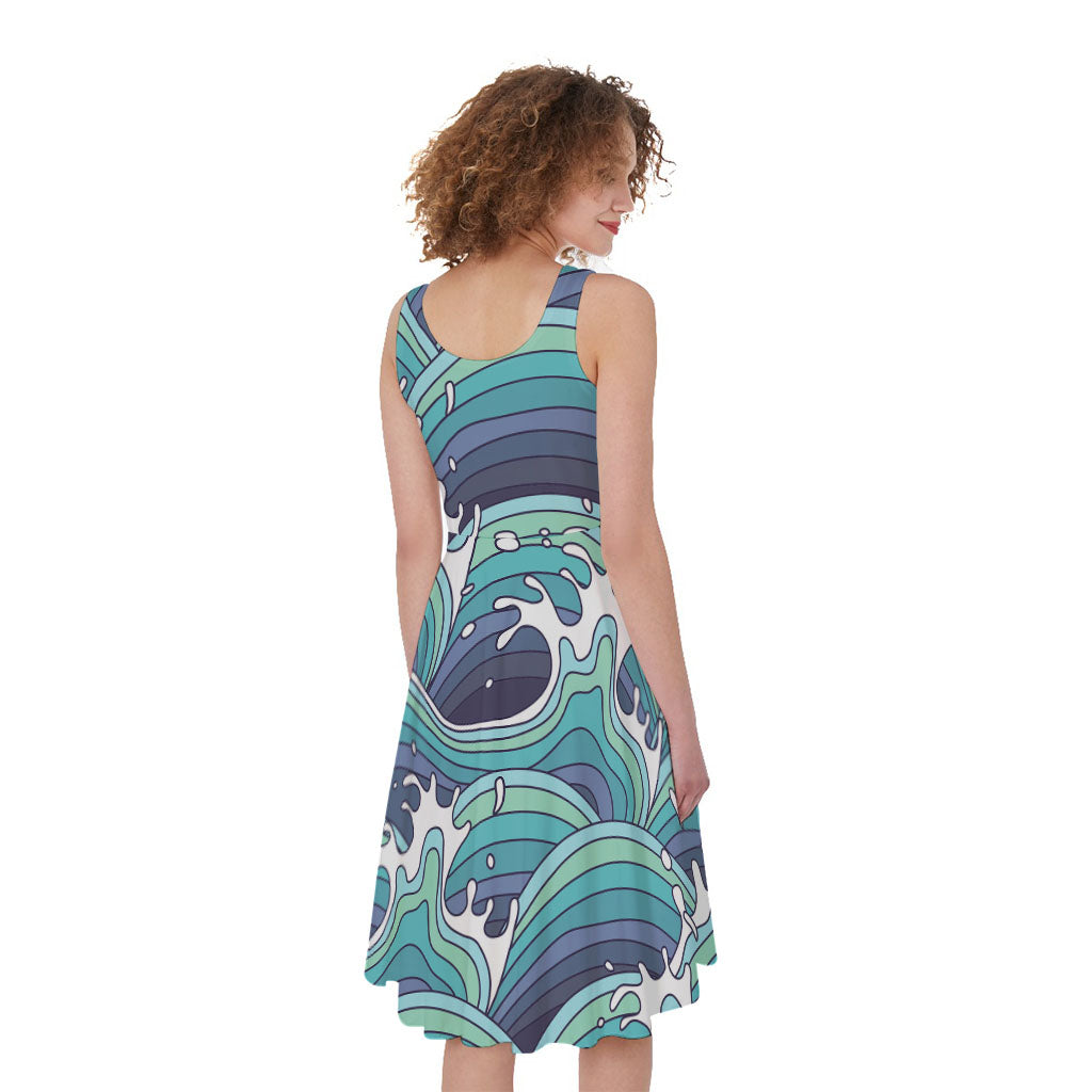 Sea Wave Surfing Pattern Print Women's Sleeveless Dress