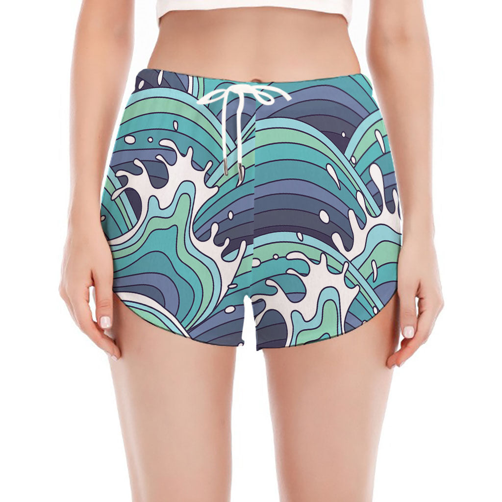 Sea Wave Surfing Pattern Print Women's Split Running Shorts