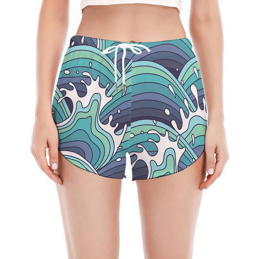 Sea Wave Surfing Pattern Print Women's Split Running Shorts