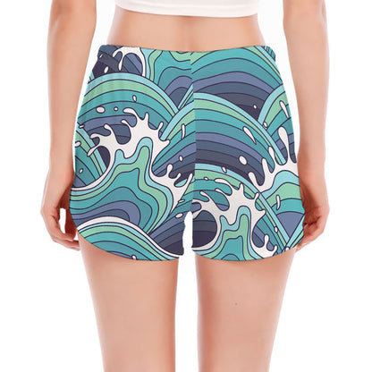 Sea Wave Surfing Pattern Print Women's Split Running Shorts