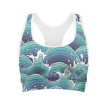 Sea Wave Surfing Pattern Print Women's Sports Bra