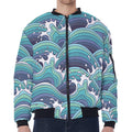 Sea Wave Surfing Pattern Print Zip Sleeve Bomber Jacket