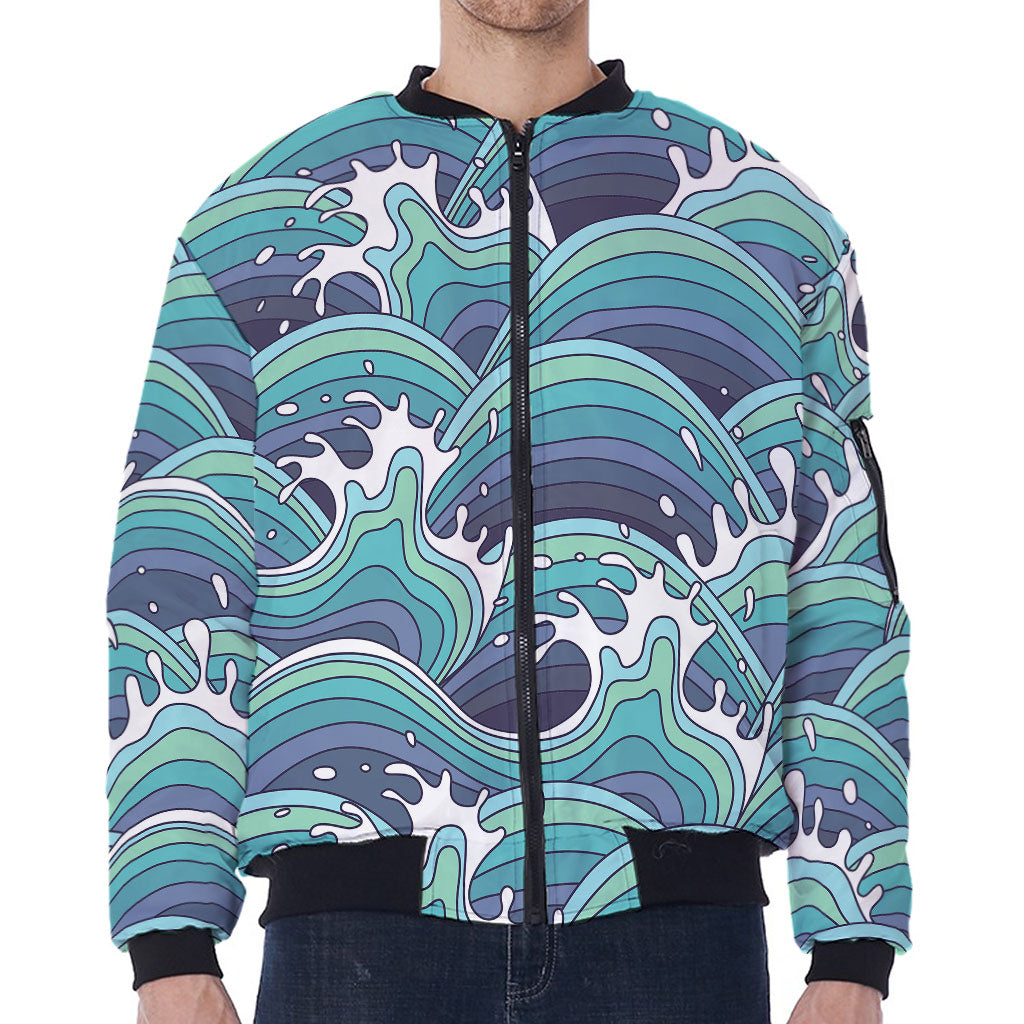 Sea Wave Surfing Pattern Print Zip Sleeve Bomber Jacket