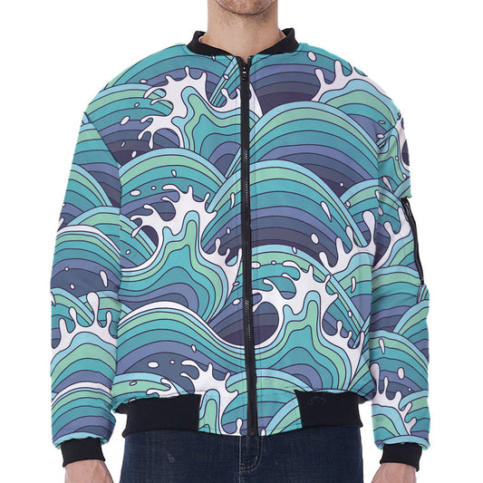 Sea Wave Surfing Pattern Print Zip Sleeve Bomber Jacket