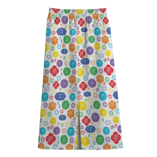 Seven Chakra Symbols Pattern Print Cotton Front Slit Maxi Skirt
