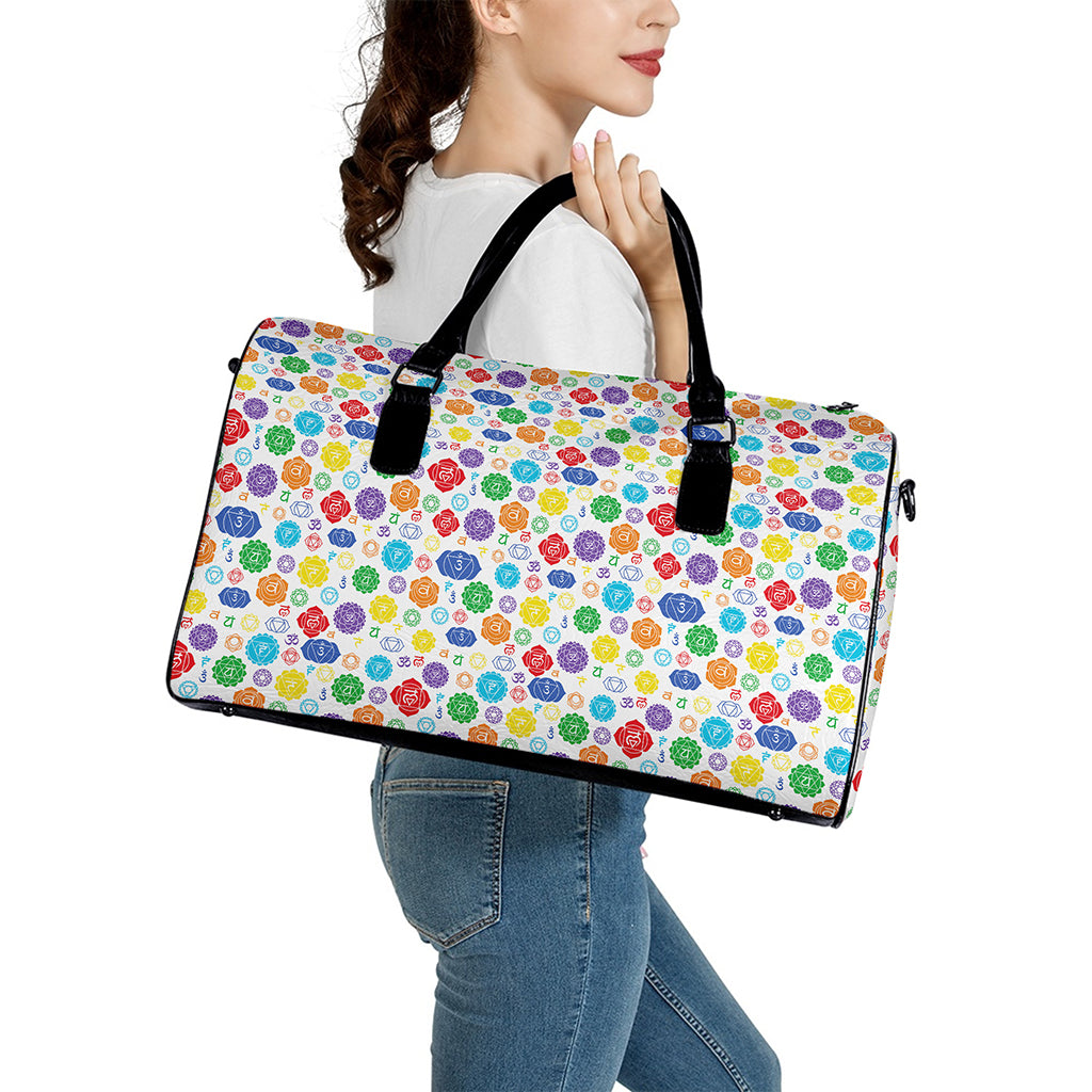 Seven Chakra Symbols Pattern Print Leather Duffle Bag