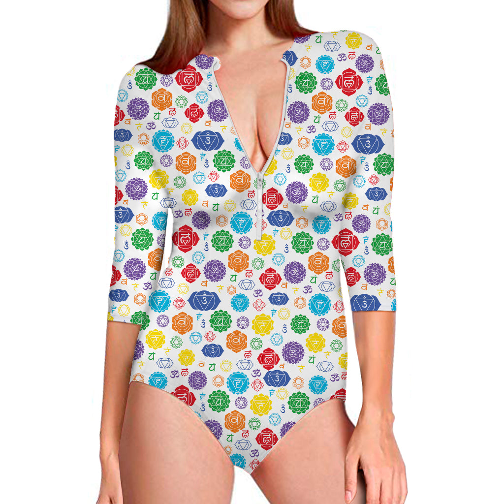 Seven Chakra Symbols Pattern Print Long Sleeve Swimsuit