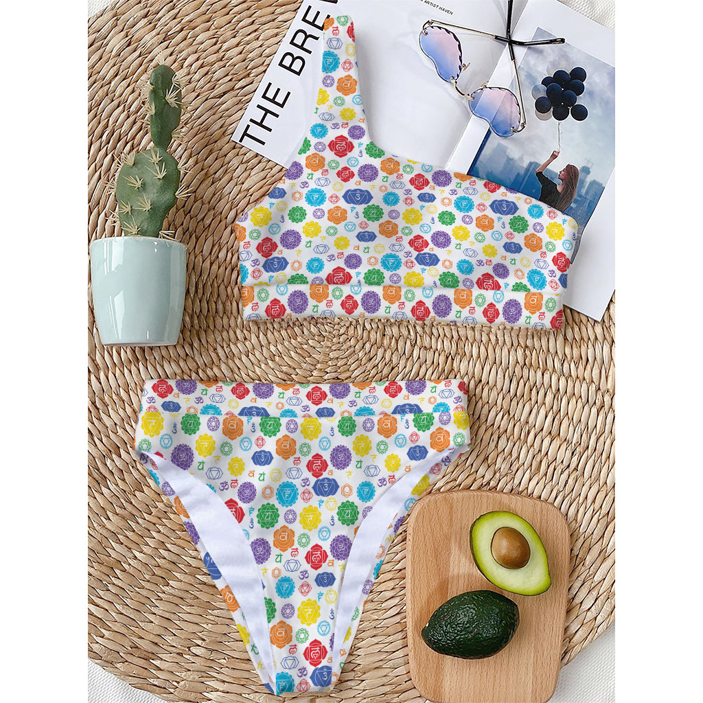 Seven Chakra Symbols Pattern Print One Shoulder Bikini Top